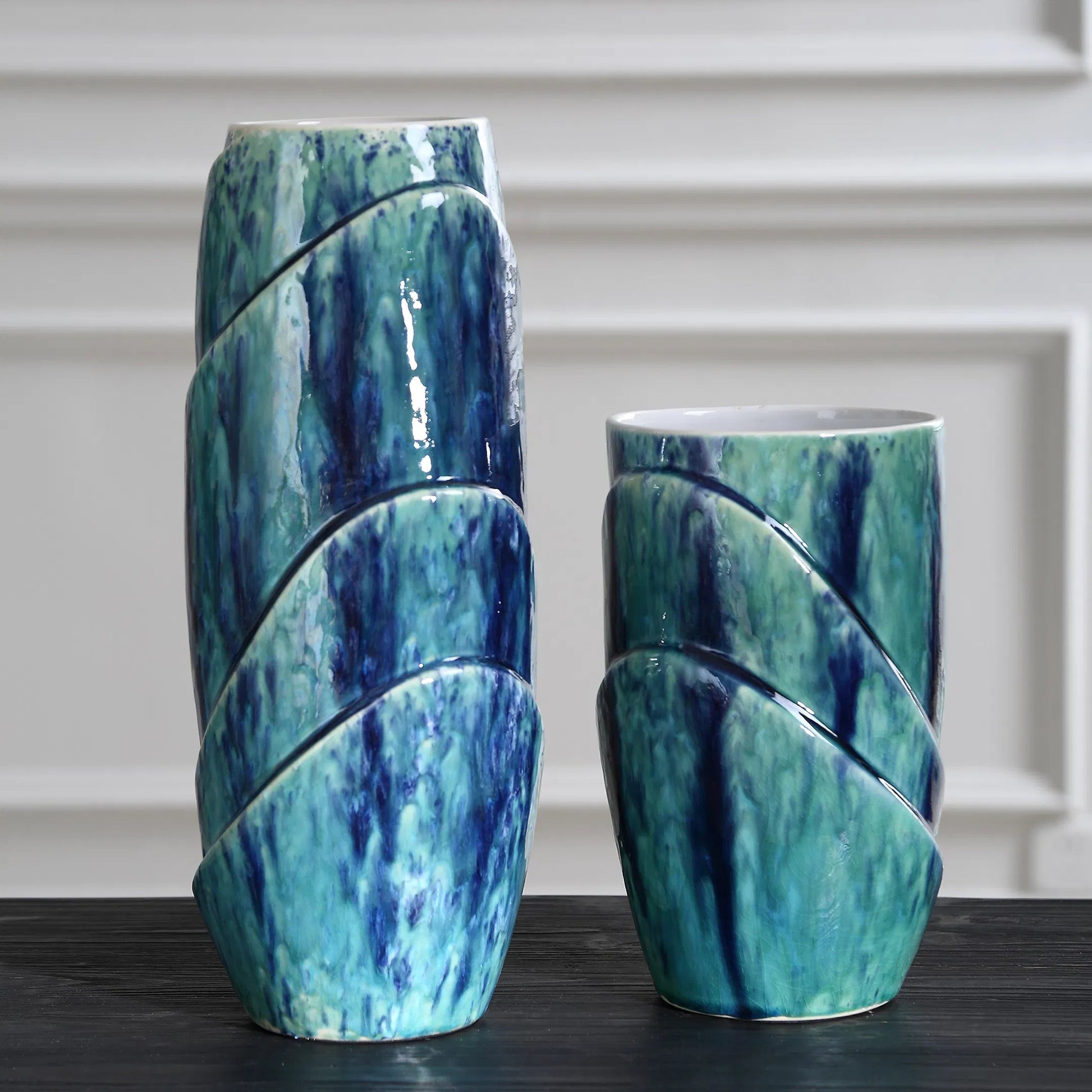 Tranquil Duo Vases (Set of 2) by Uttermost in blue. Made from ceramic in a coastal style.