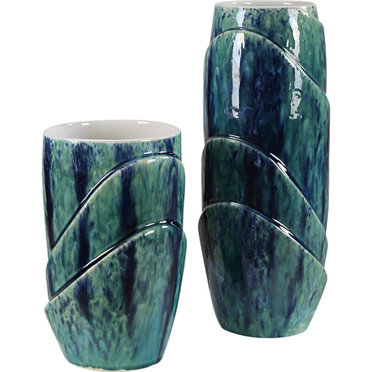 Tranquil Duo Vases by Uttermost in blue. Made from ceramic in a unique style.