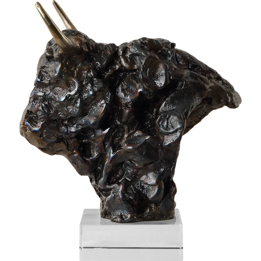 Bison Bust Sculpture by Uttermost in gold. Made from cast iron, crystal in a unique style.