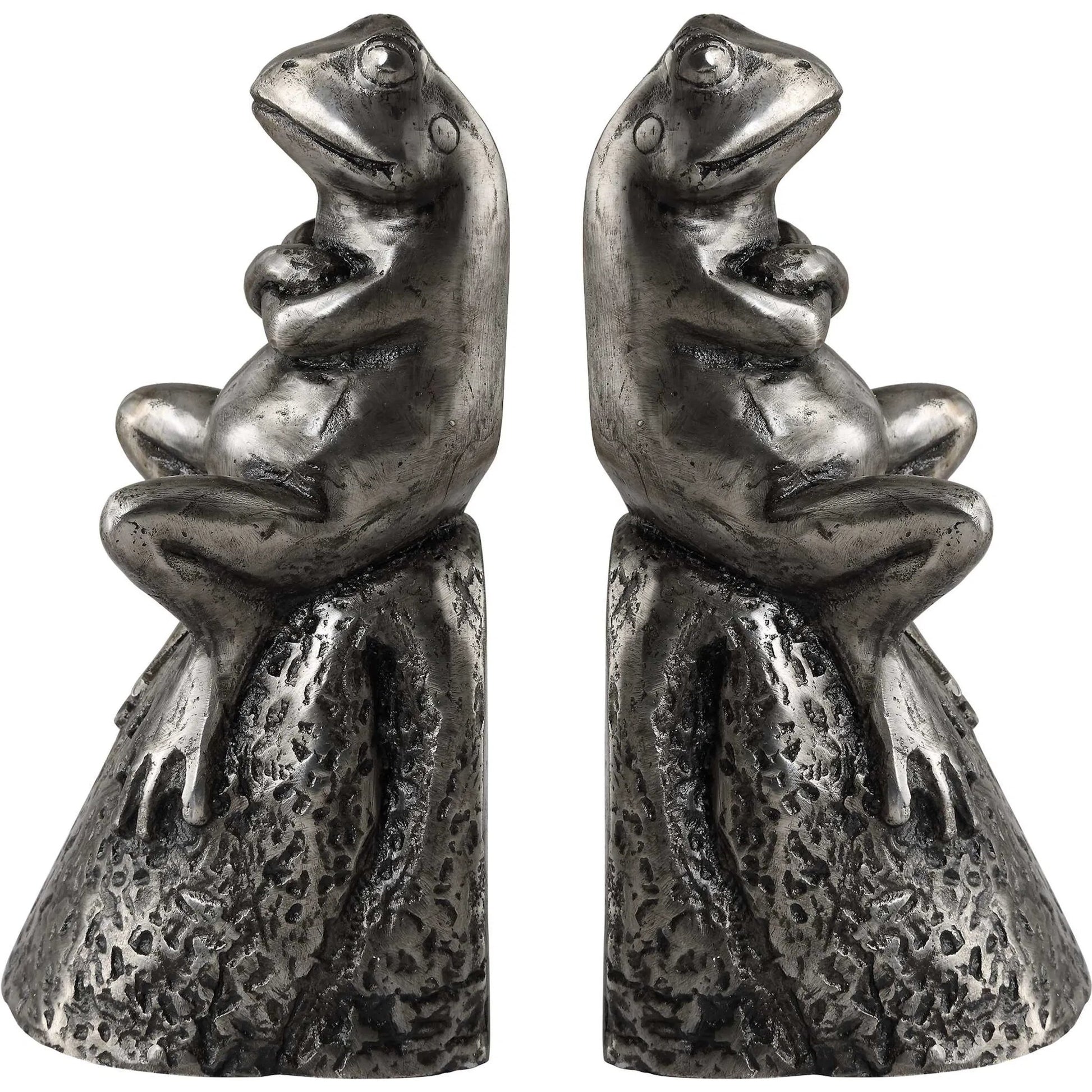 Daydreaming Frogs Bookends by Uttermost in silver. Made from cast iron in a cottage & farmhouse style.