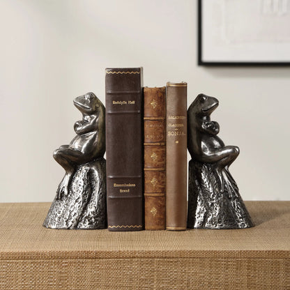 Daydreaming Frogs Bookends by Uttermost in silver. Made from cast iron in a cottage & farmhouse style.