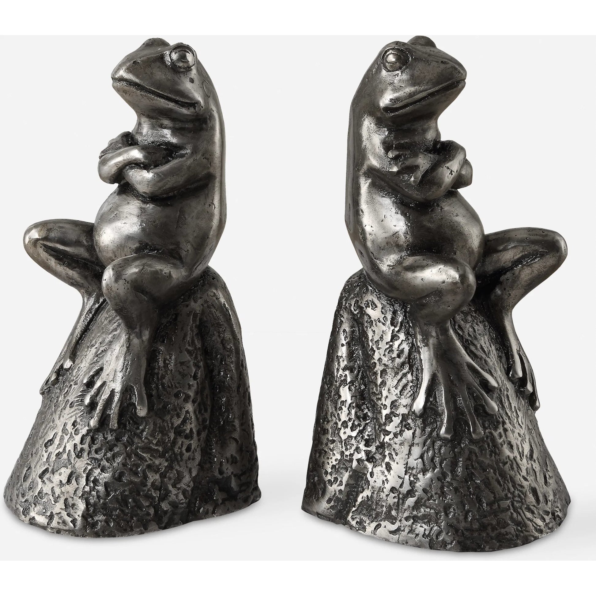 Daydreaming Frogs Bookends by Uttermost in silver. Made from cast iron in a cottage & farmhouse style.