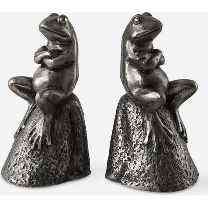 Daydreaming Frogs Bookends by Uttermost in silver. Made from cast iron in a cottage & farmhouse style.
