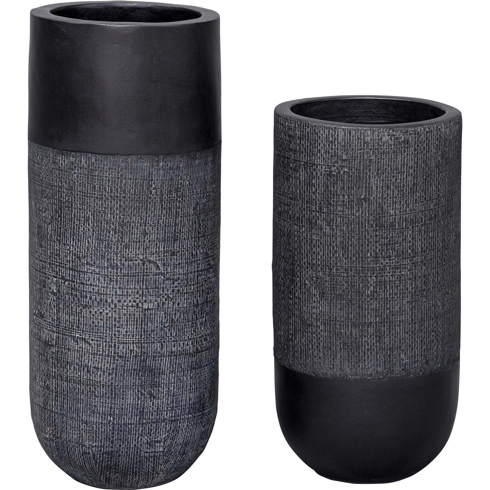 Woven Shadow Vases by Uttermost in black. Made from terracota, weave sisal fibers in a transitional style.
