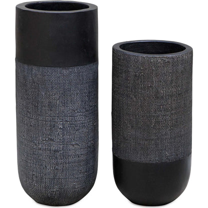 Woven Shadow Vases by Uttermost in black. Made from terracota, weave sisal fibers in a transitional style.