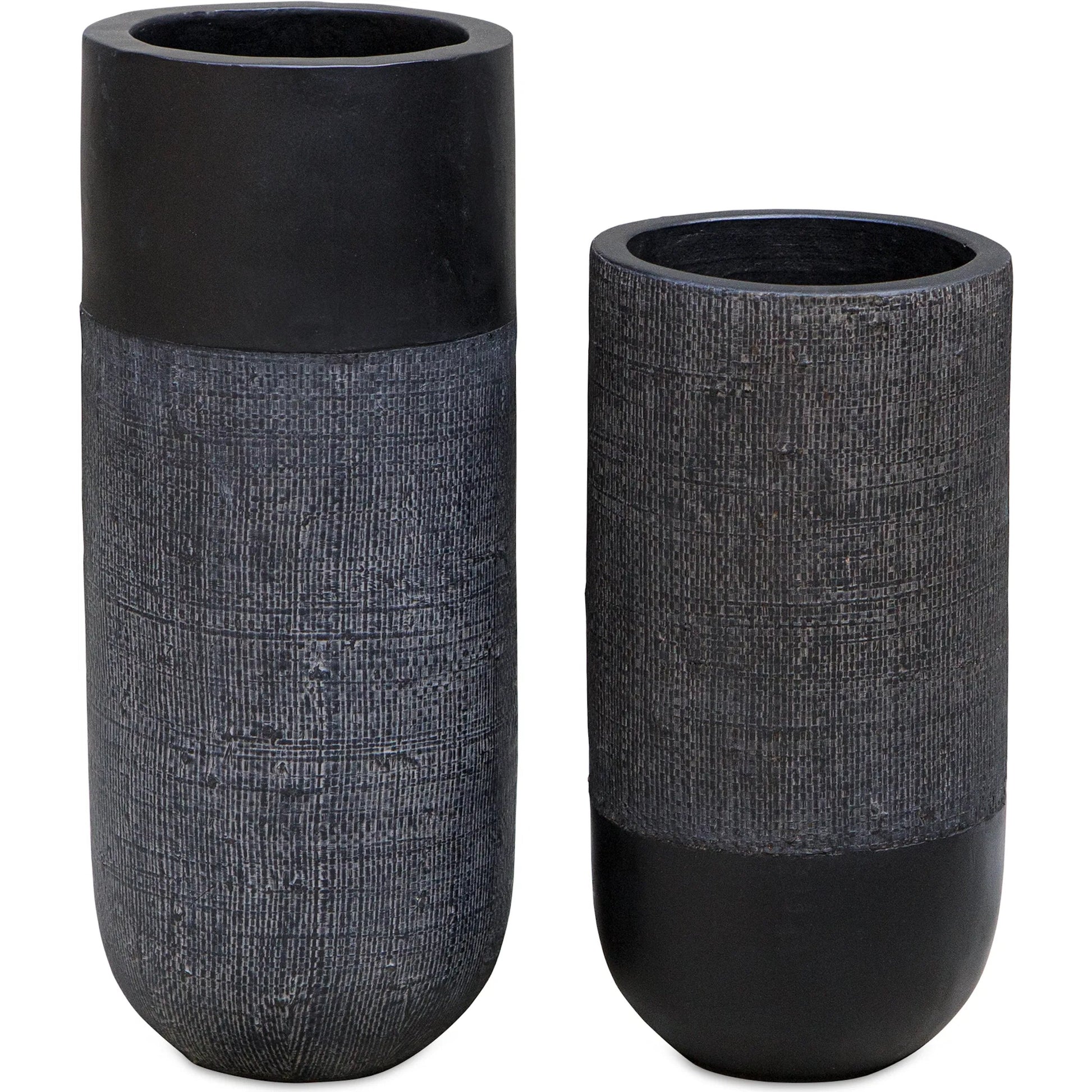 Woven Shadow Vases by Uttermost in black. Made from terracota, weave sisal fibers in a transitional style.
