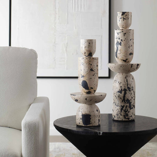 Nouveau Tower Sculptures (Set of 2) by Uttermost in black. Made from lime stone, resin in a modern style.