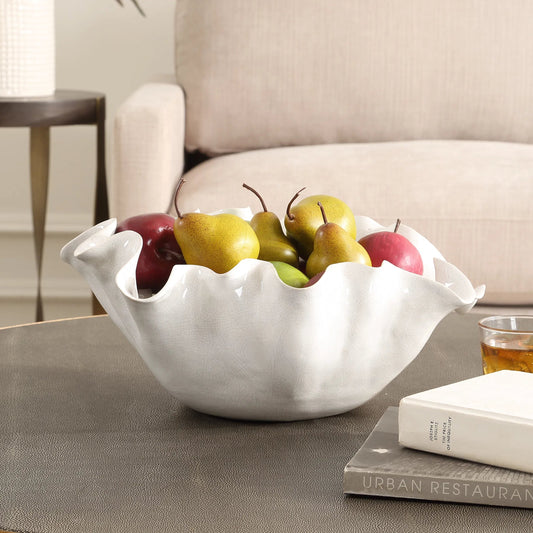 Ruffle Bloom Bowl by Uttermost in white. Made from ceramic in a unique style.