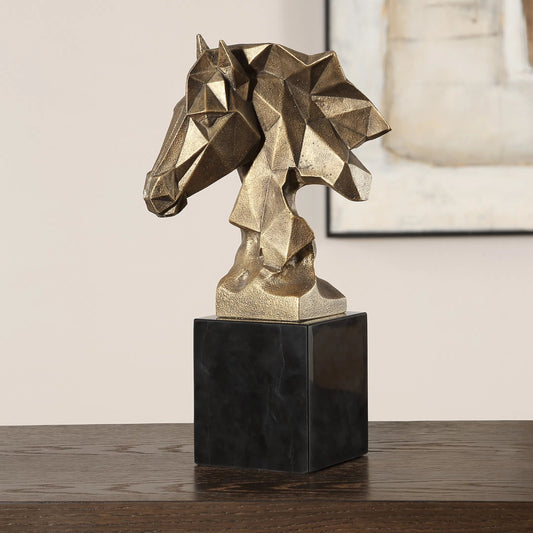 Chiseled Horse Bust Sculpture by Uttermost in gold. Made from resin, marble in a unique style.
