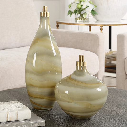 Cascade Glass Bottles by Uttermost in brass. Made from glass, iron in a unique style.