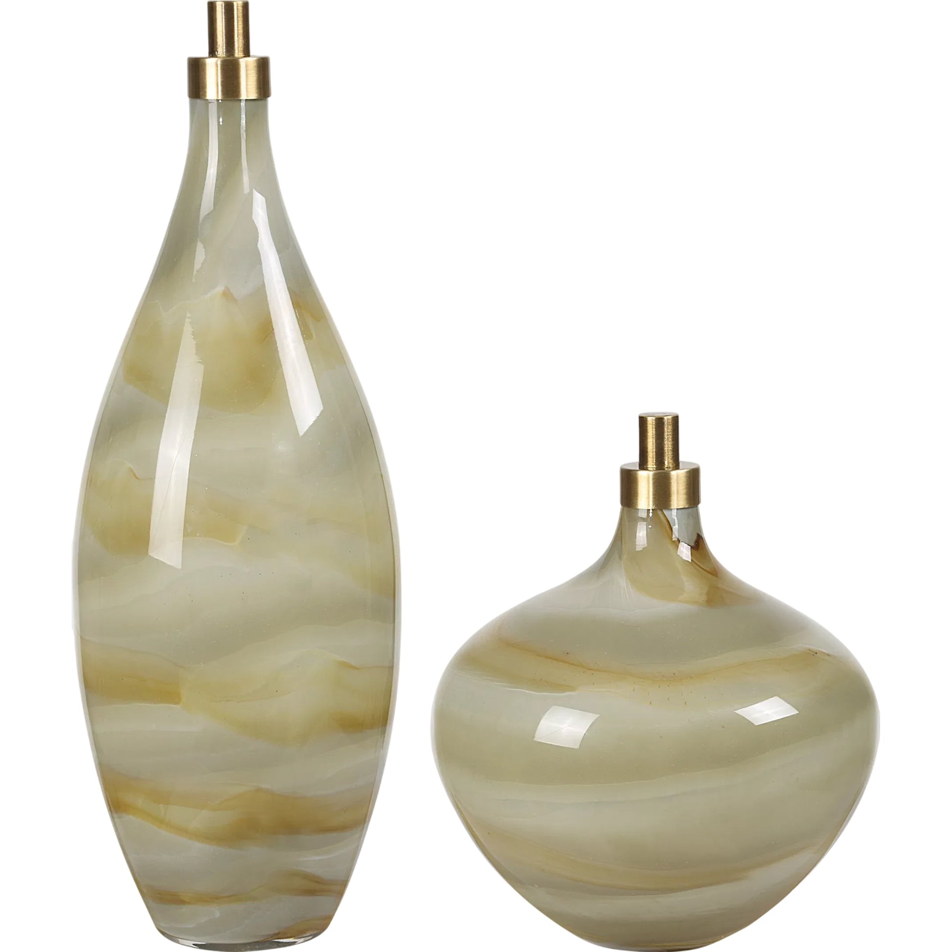Cascade Glass Bottles by Uttermost in brass. Made from glass, iron in a modern style.