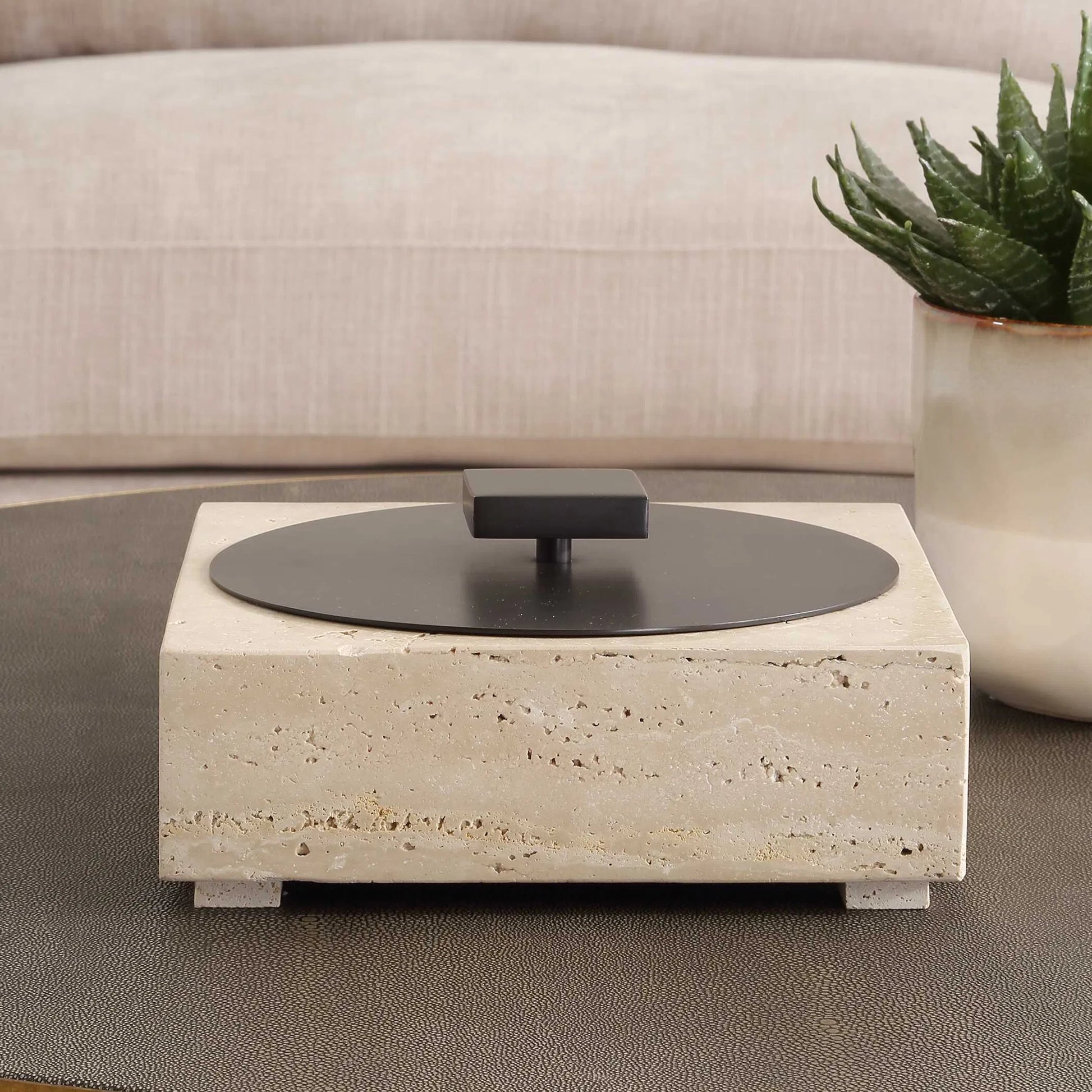Natural Luxe Travertine Box by Uttermost in bronze. Made from travertine stone, iron in a transitional style.