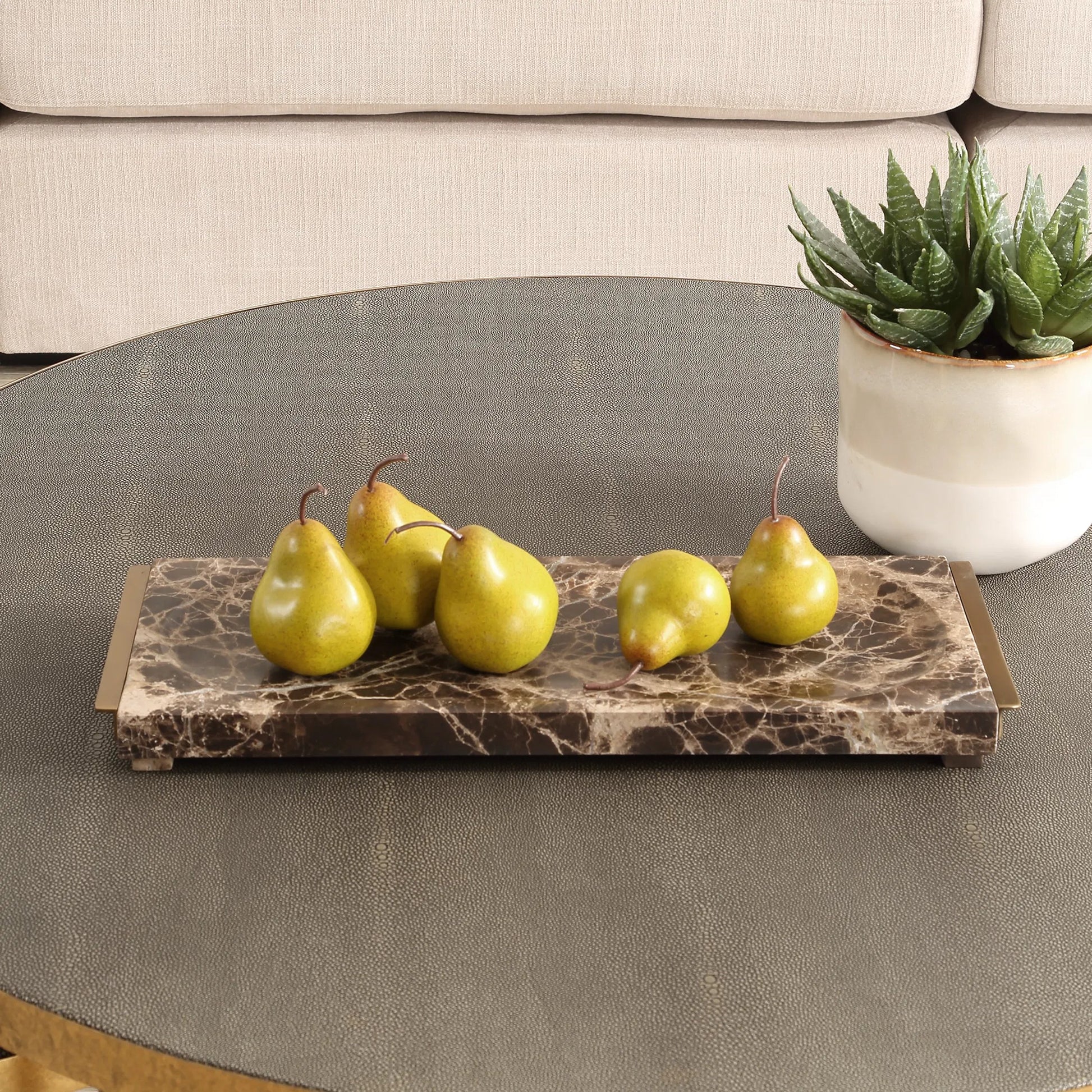 Tray Crest by Uttermost in brass. Made from emperador marble, metal in a modern style.