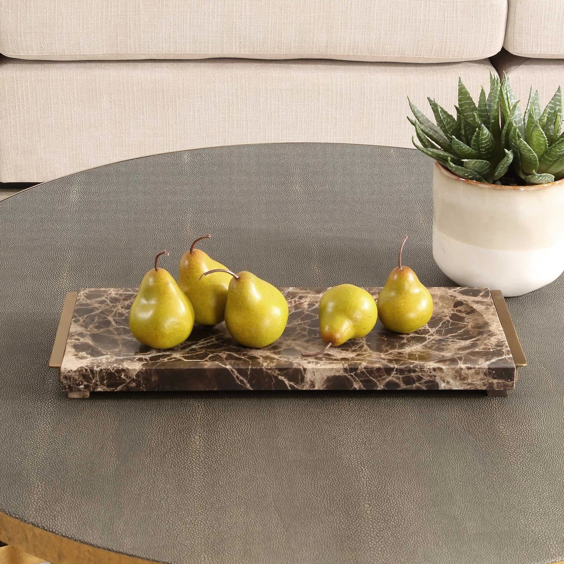 Tray Crest by Uttermost in brass. Made from emperador marble, metal in a modern style.