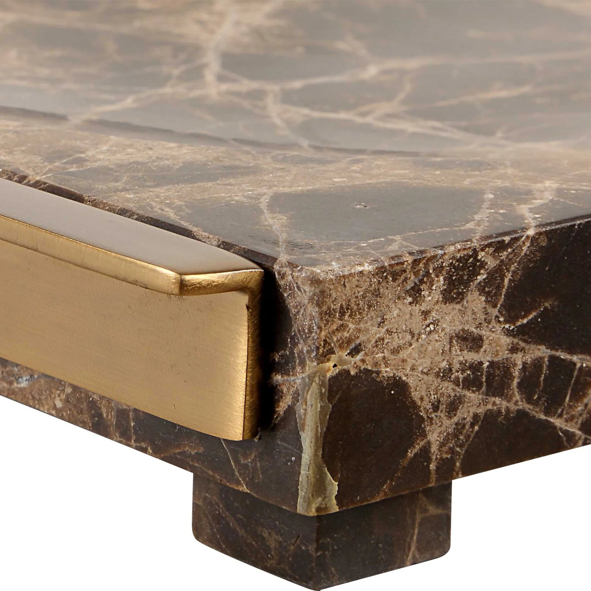 Tray Crest by Uttermost in brass. Made from emperador marble, metal in a modern style.