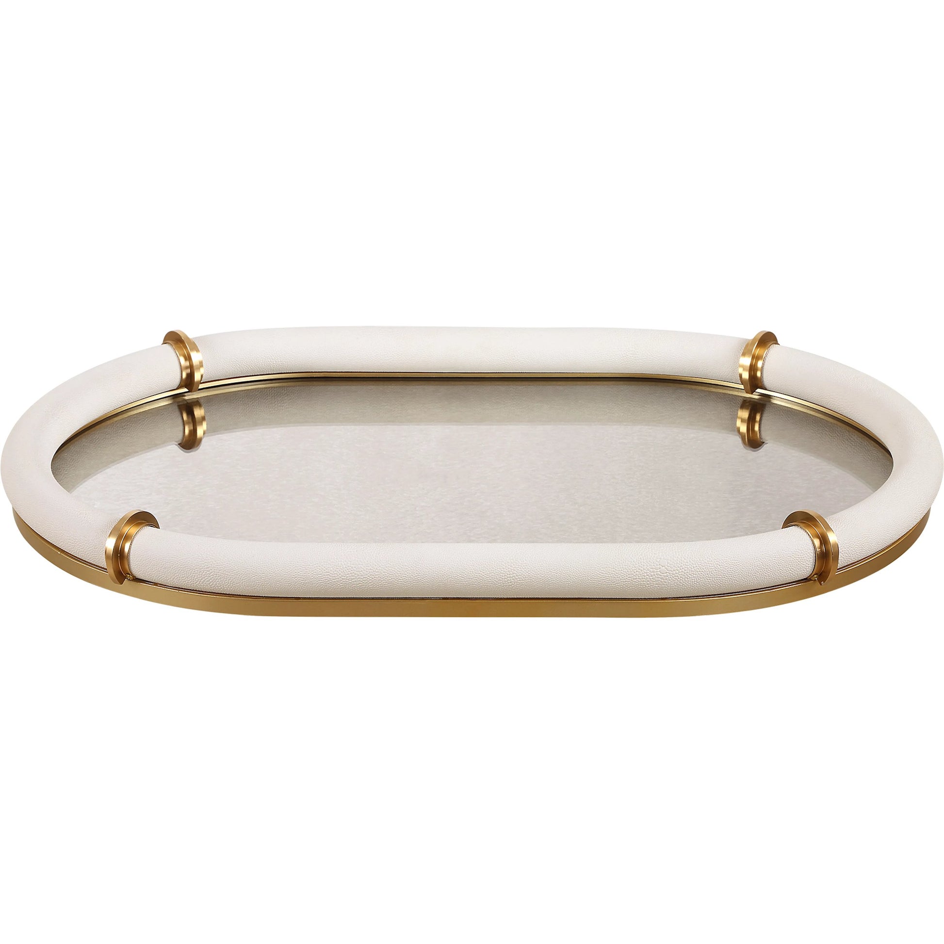 Cyprus Leather Oval Tray by Uttermost in brass. Made from steel, glass, shagreen, pu leather, aluminum in a transitional style.