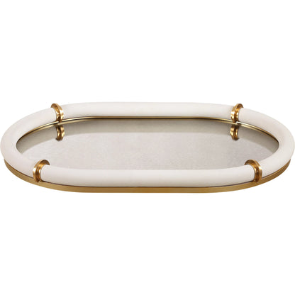 Cyprus Leather Oval Tray by Uttermost in brass. Made from steel, glass, shagreen, pu leather, aluminum in a transitional style.