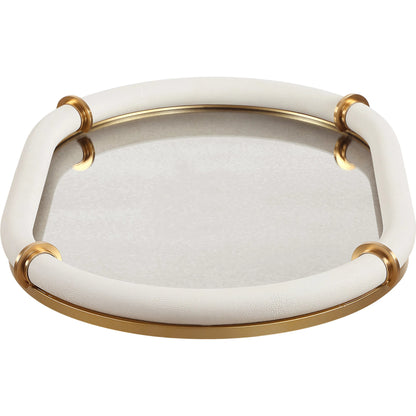 Cyprus Leather Oval Tray by Uttermost in brass. Made from steel, glass, shagreen, pu leather, aluminum in a transitional style.