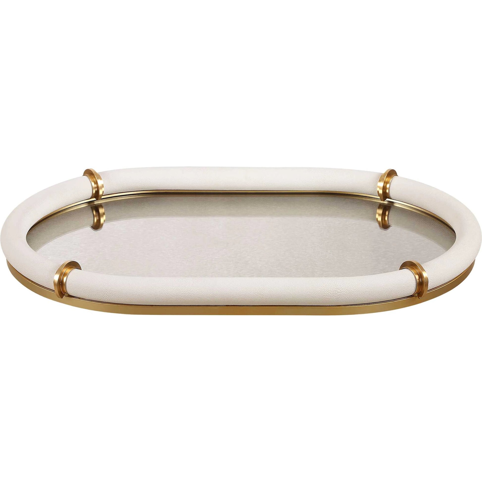 Cyprus Leather Oval Tray by Uttermost in brass. Made from steel, glass, shagreen, pu leather, aluminum in a transitional style.