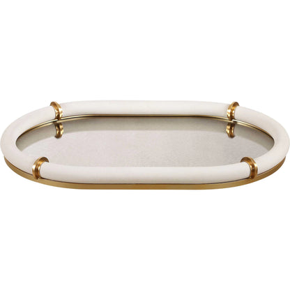 Cyprus Leather Oval Tray by Uttermost in brass. Made from steel, glass, shagreen, pu leather, aluminum in a transitional style.