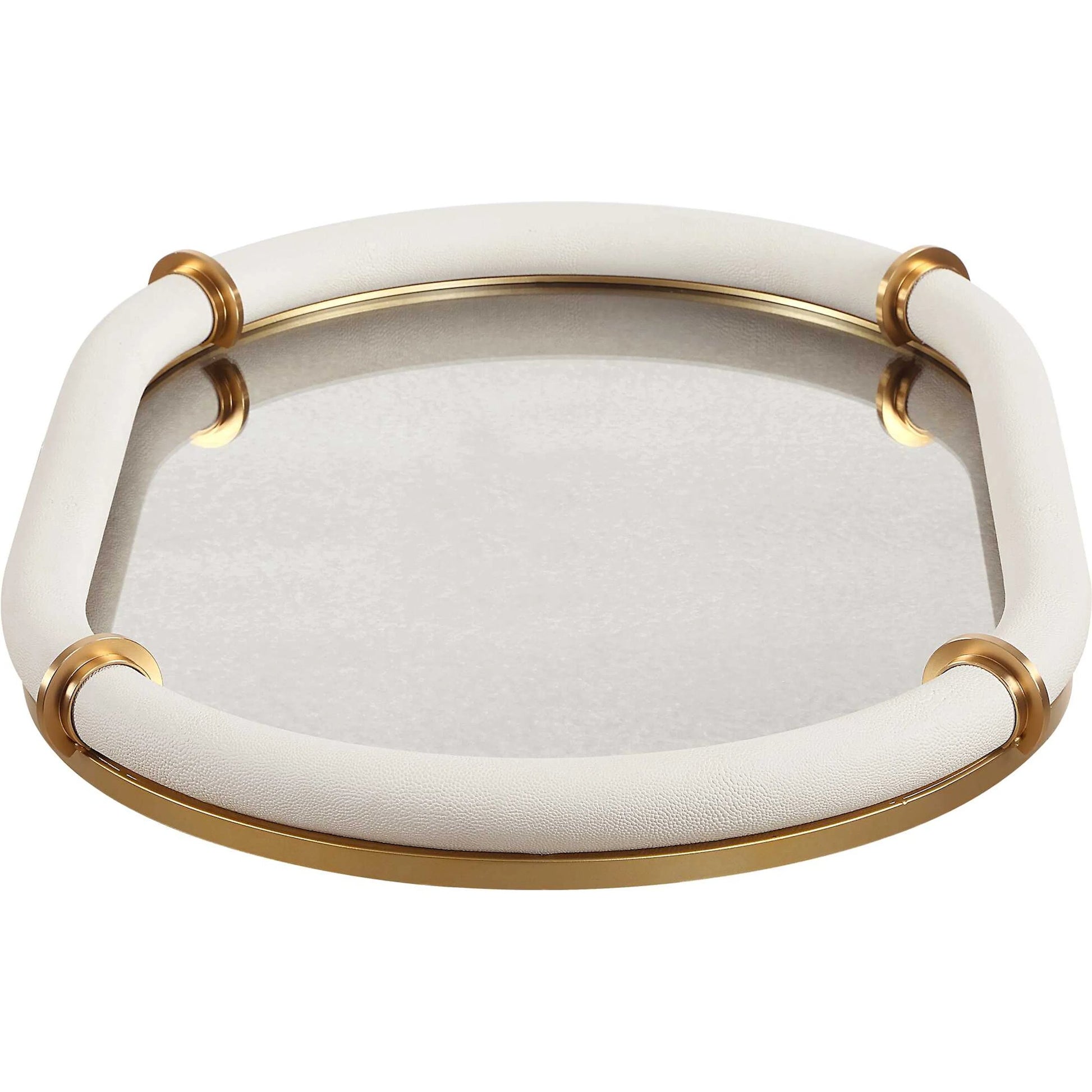 Cyprus Leather Oval Tray by Uttermost in brass. Made from steel, glass, shagreen, pu leather, aluminum in a transitional style.