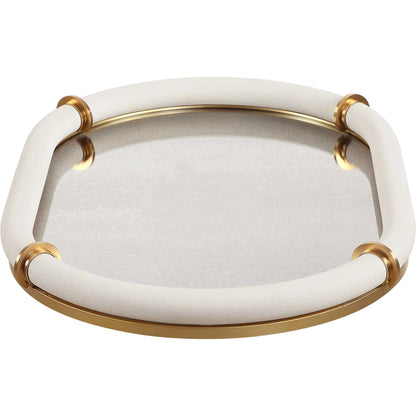 Cyprus Leather Oval Tray by Uttermost in brass. Made from steel, glass, shagreen, pu leather, aluminum in a transitional style.