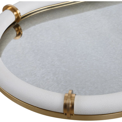 Cyprus Leather Oval Tray by Uttermost in brass. Made from steel, glass, shagreen, pu leather, aluminum in a transitional style.