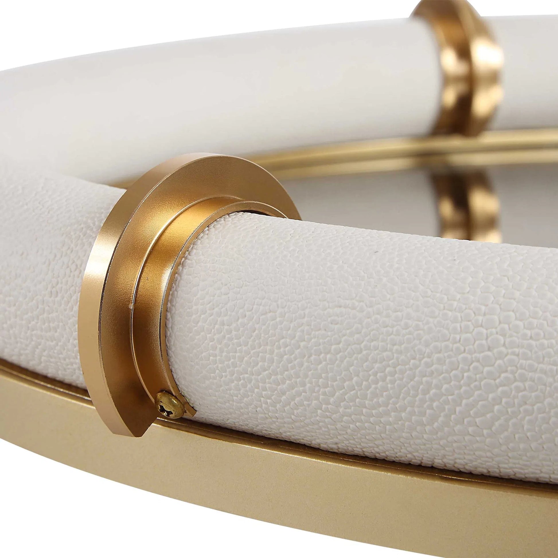 Cyprus Leather Oval Tray by Uttermost in brass. Made from steel, glass, shagreen, pu leather, aluminum in a transitional style.