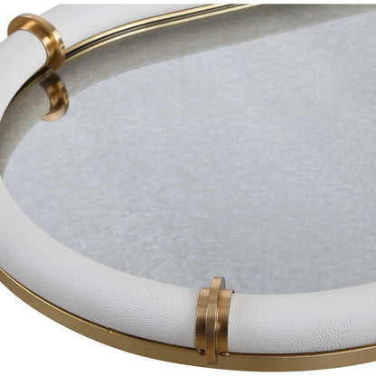 Cyprus Leather Oval Tray by Uttermost in brass. Made from steel, glass, shagreen, pu leather, aluminum in a transitional style.