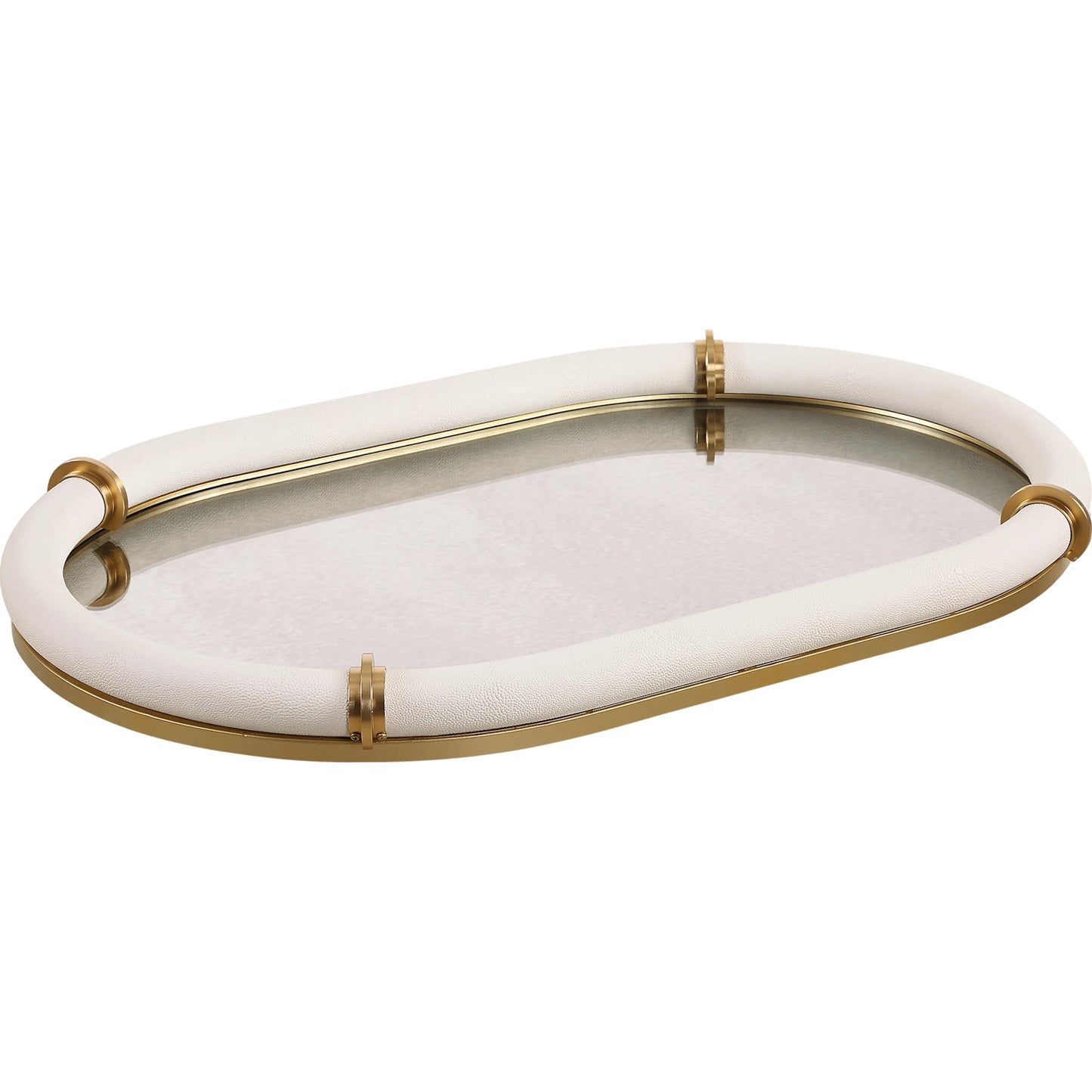 001 SI-2295215 | Primary Silo | Cyprus Leather Oval Tray by Uttermost in brass. Made from steel, glass, shagreen, pu leather, aluminum in a transitional style.