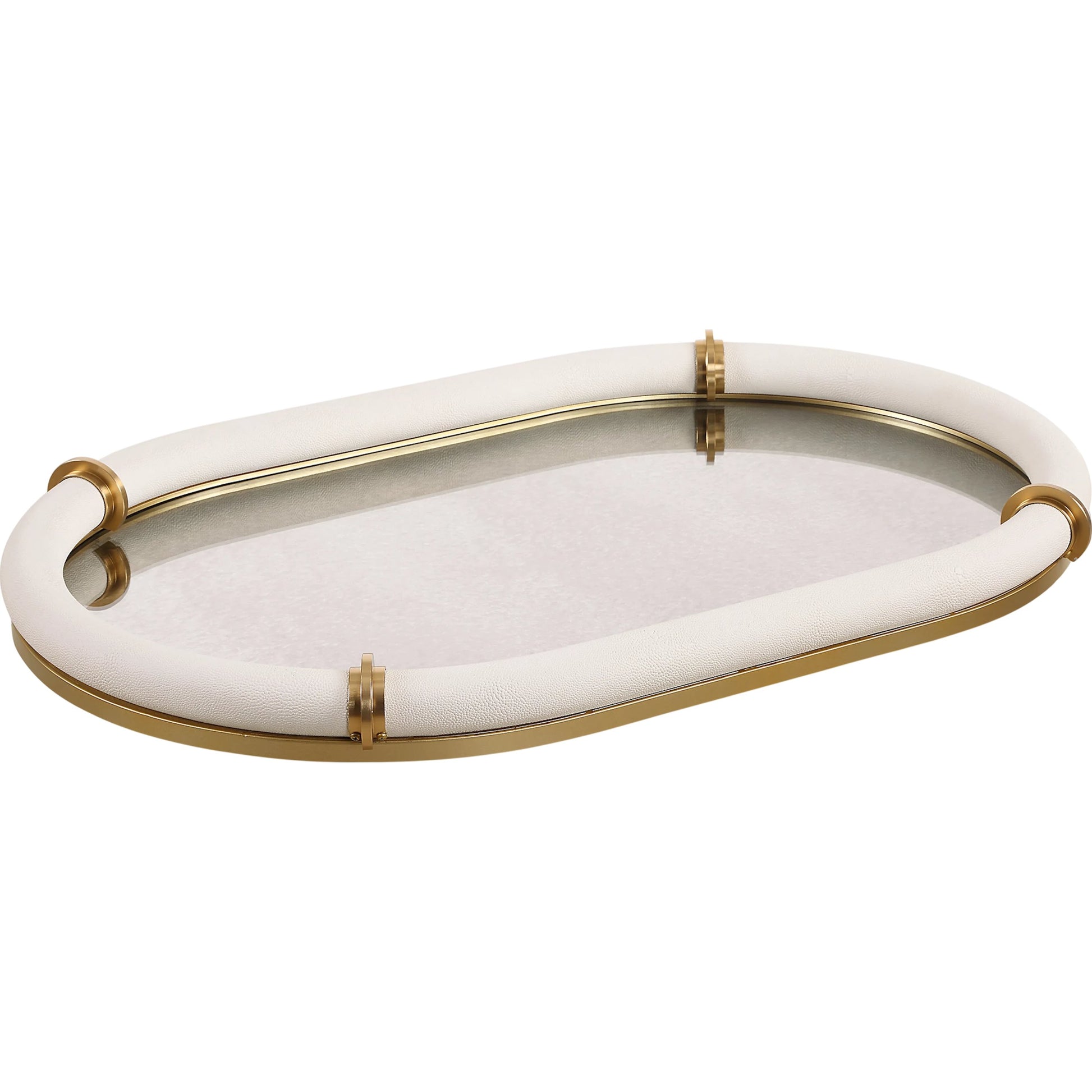 Cyprus Leather Oval Tray by Uttermost in brass. Made from steel, glass, shagreen, pu leather, aluminum in a transitional style.