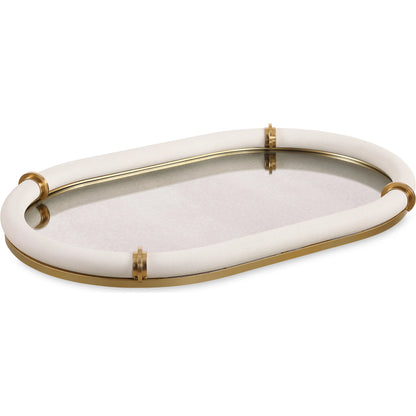 Cyprus Leather Oval Tray by Uttermost in brass. Made from steel, glass, shagreen, pu leather, aluminum in a transitional style.