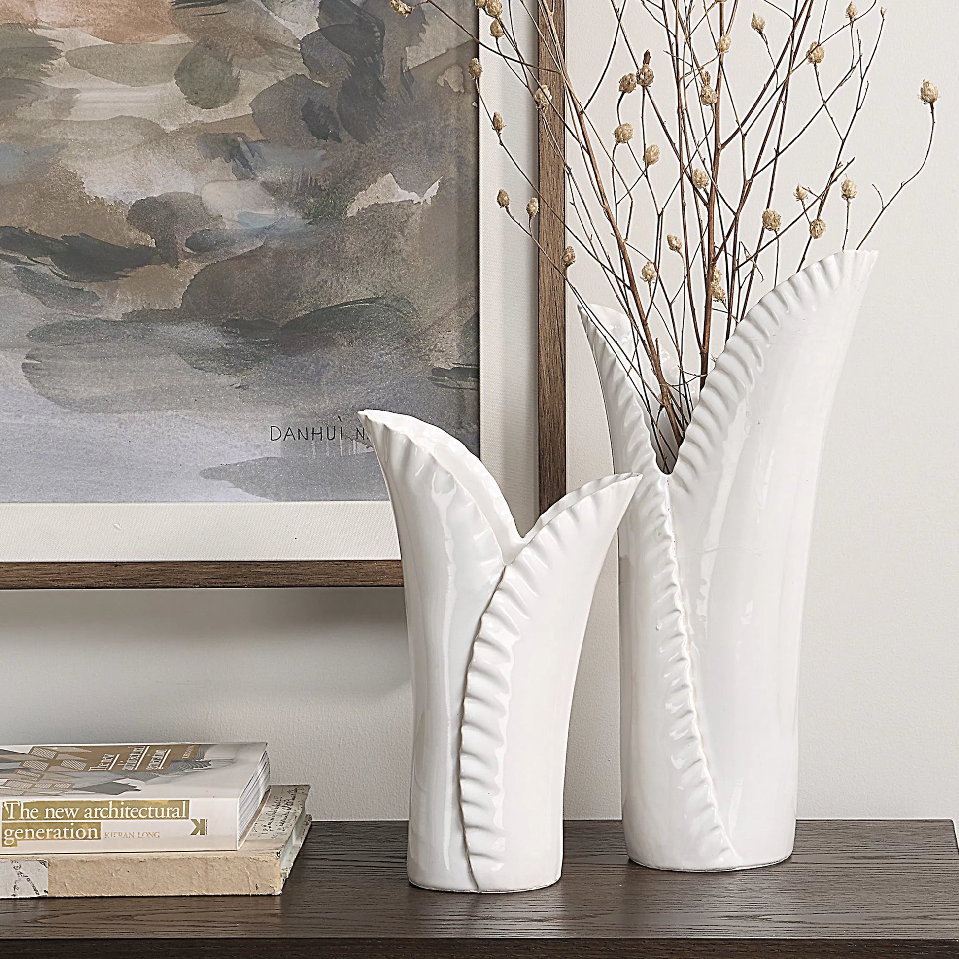 Leafscape Vases by Uttermost in white. Made from ceramic in a cottage & farmhouse style.
