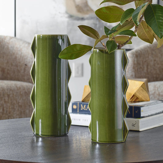Meander Vases by Uttermost in green. Made from earthenware in a unique style.