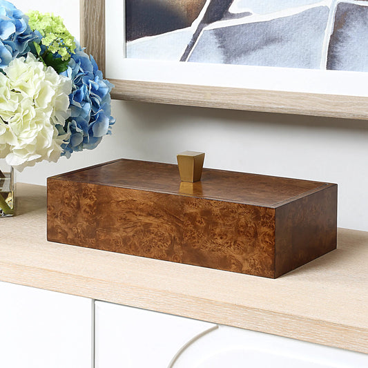 Burl Haven Box by Uttermost in brass. Made from mdf, burl veneer, hardware in a unique style.