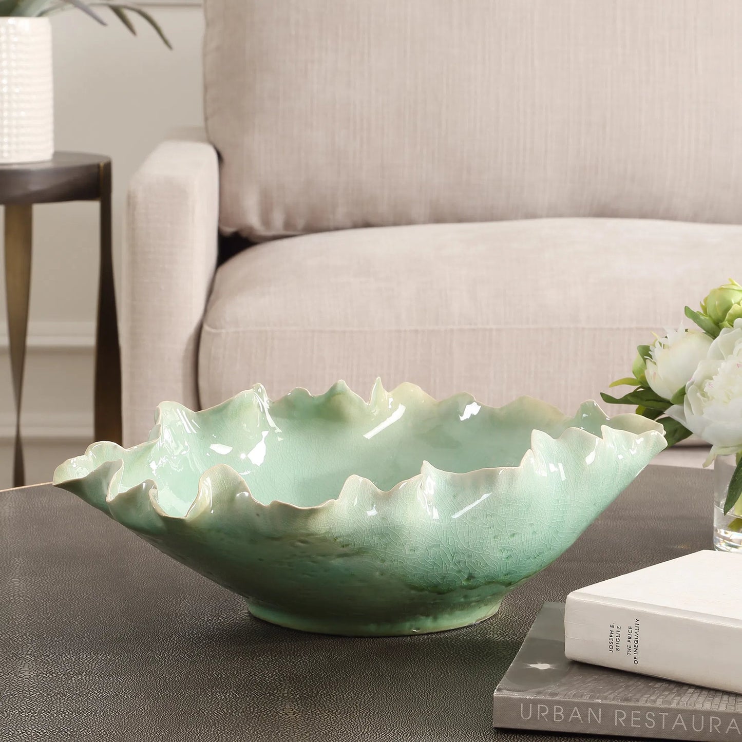 003 SI-2295212 | Lifestyle | Lila Glass Bowl by Uttermost in green. Made from ceramic in a coastal style.