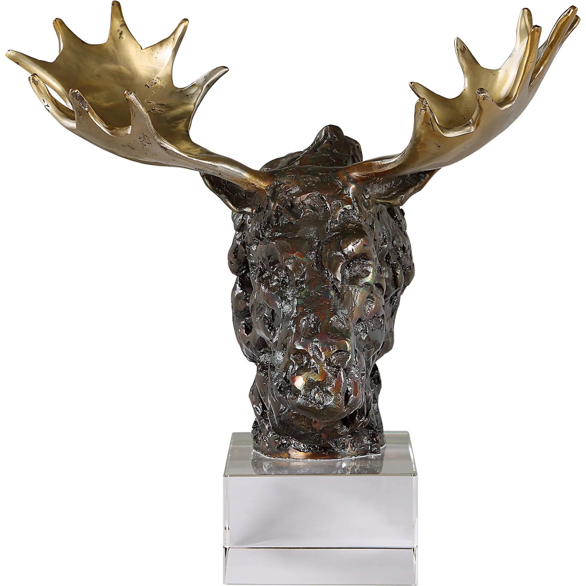Moose Bust Sculpture by Uttermost in gold. Made from cast iron, iron, crystal in a cottage & farmhouse style.