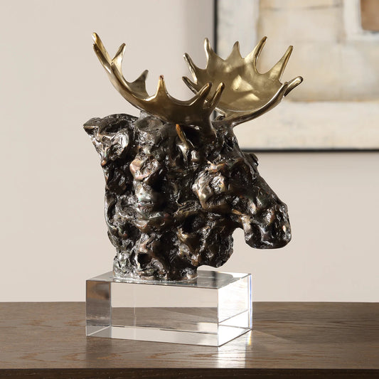 Moose Bust Sculpture by Uttermost in gold. Made from cast iron, iron, crystal in a unique style.