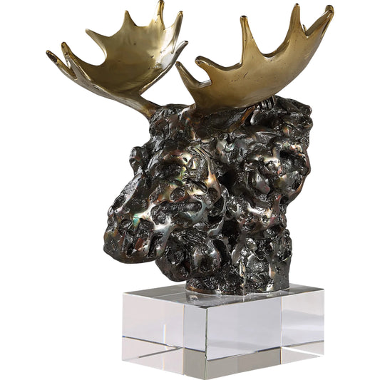 Moose Bust Sculpture by Uttermost in gold. Made from cast iron, iron, crystal in a unique style.