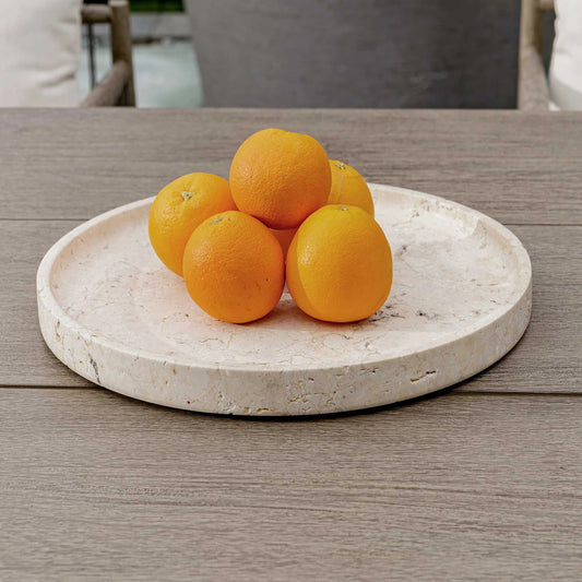 Travessa Outdoor Round Tray by Uttermost in stone. Made from travertine stone in a unique style.