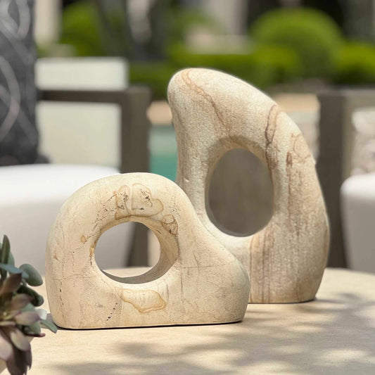 Flow Outdoor Sculptures by Uttermost in stone. Made from palimanan stone in a unique style.