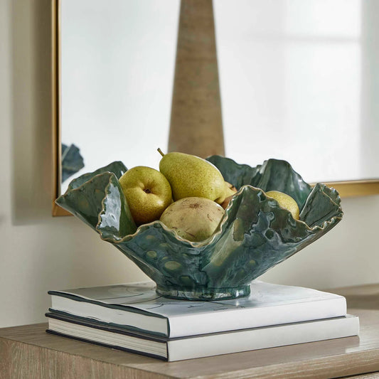 Verdant Bloom Emerald Outdoor Bowl by Uttermost in emerald. Made from earthenware in a unique style.
