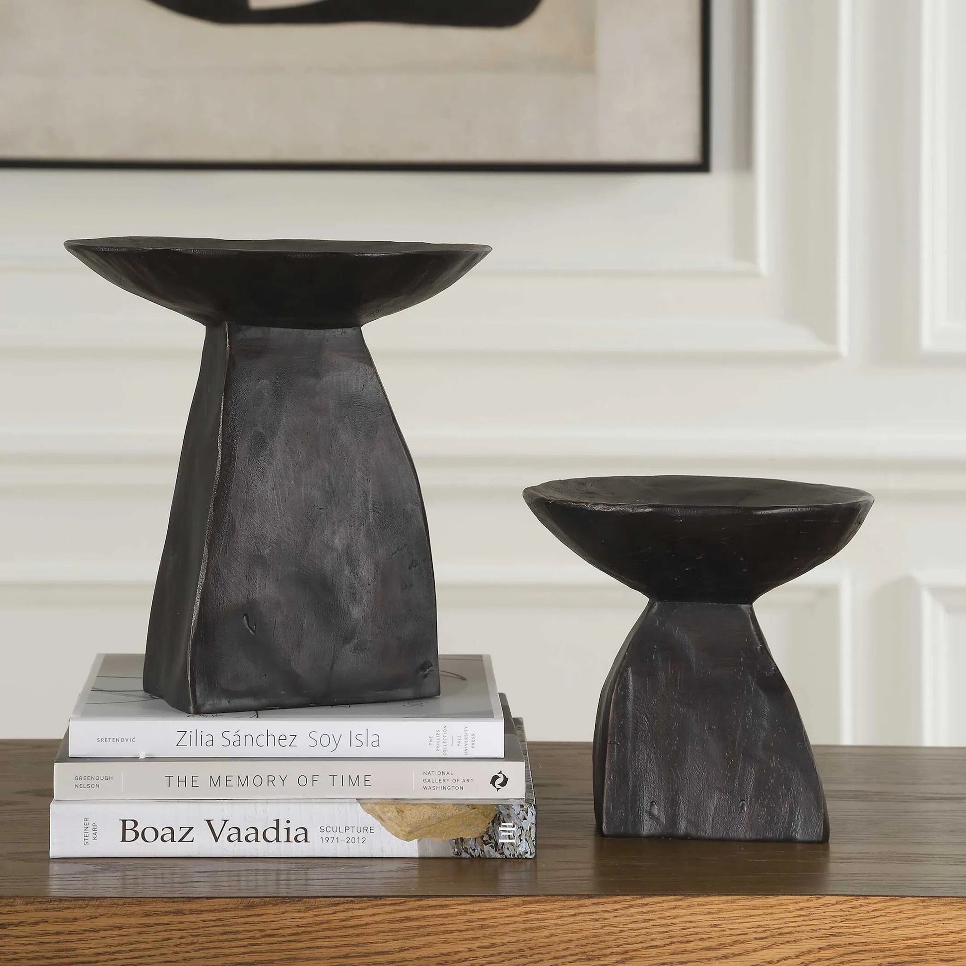 Shadow Pedestal Bowls by Uttermost in dark brown. Made from resin in a unique style.