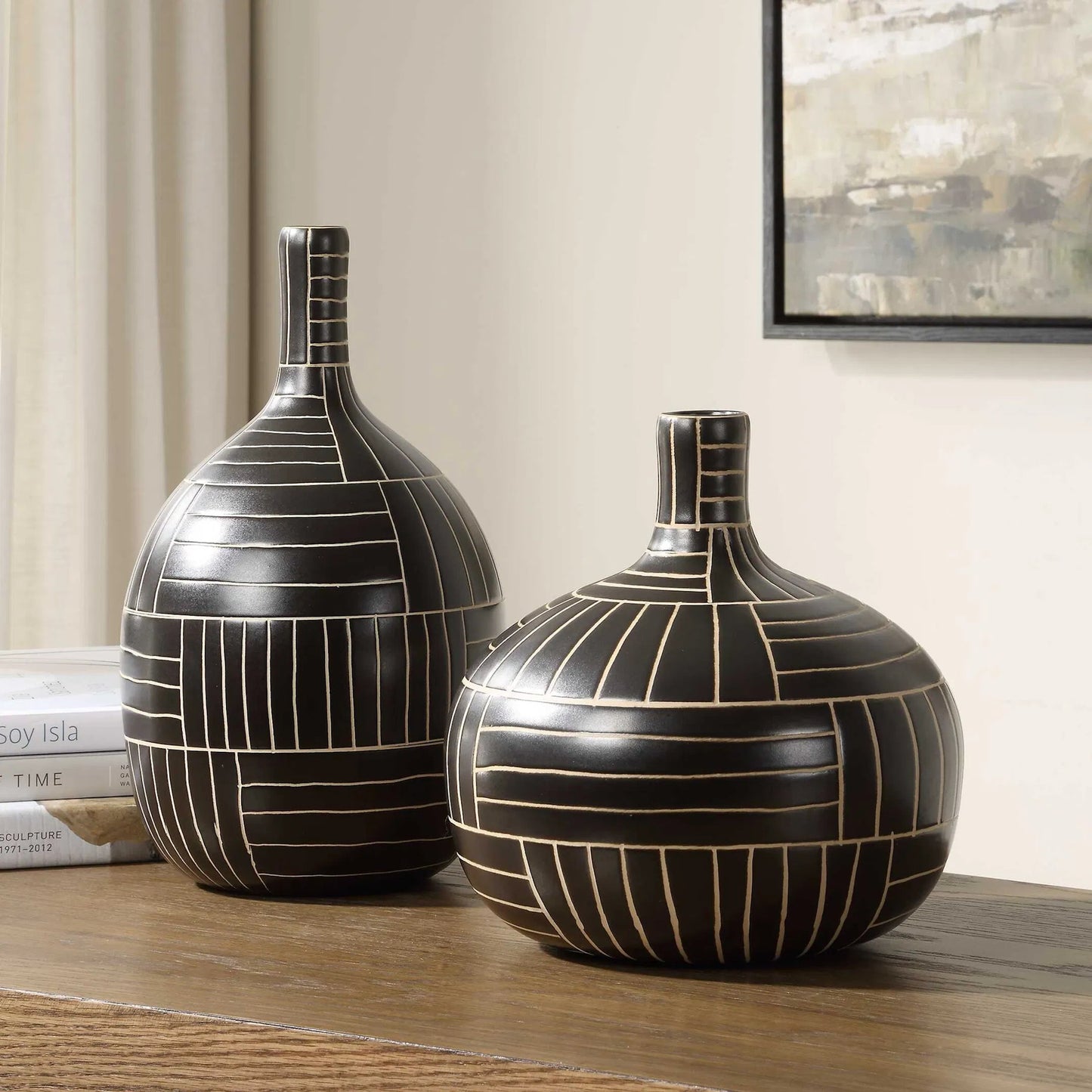 005 SI-2386623 | Lifestyle | Graphite Stride Geometric Vases by Uttermost in black. Made from ceramic in a unique style.