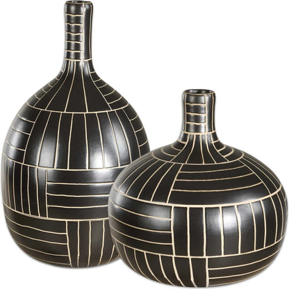 Graphite Stride Geometric Vases by Uttermost in black. Made from ceramic in a unique style.