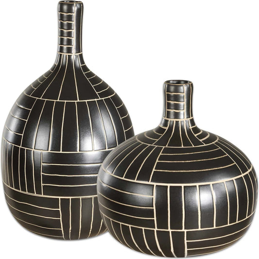 Graphite Stride Geometric Vases by Uttermost in black. Made from ceramic in a unique style.