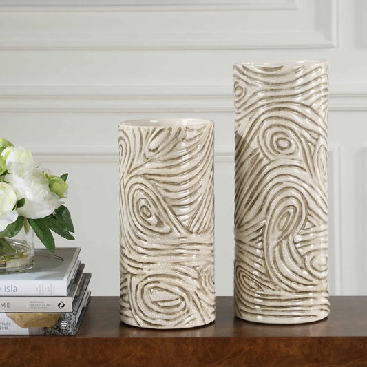Timber Swirl Earth Tone Vases by Uttermost in earthy tones. Made from ceramic in a unique style.