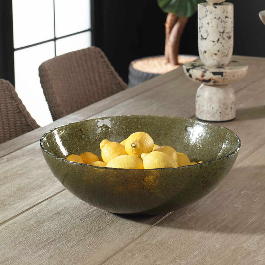 Veridian Shimmer Earthy Glass Bowl by Uttermost in green. Made from glass in a unique style.