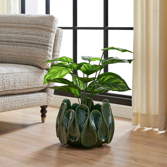 Petal Pinch Indoor-Outdoor Bowl by Uttermost in green. Made from ceramic in a unique style.