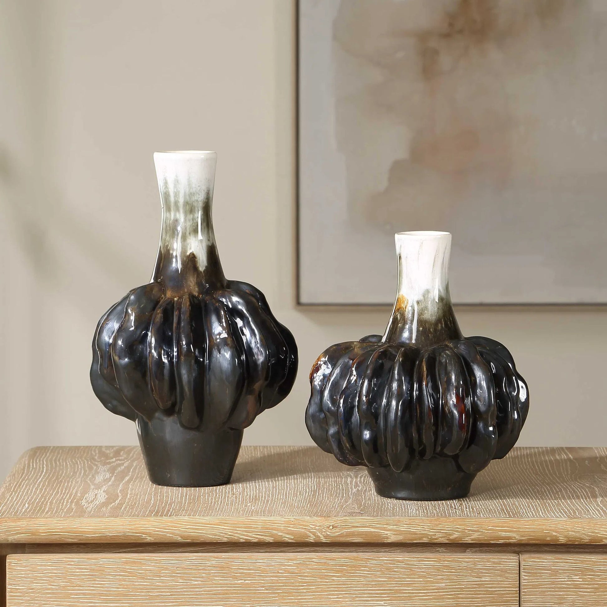 Umbrian & Gourd Vases by Uttermost in black, bronze, brown, white. Made from unique in a unique style.